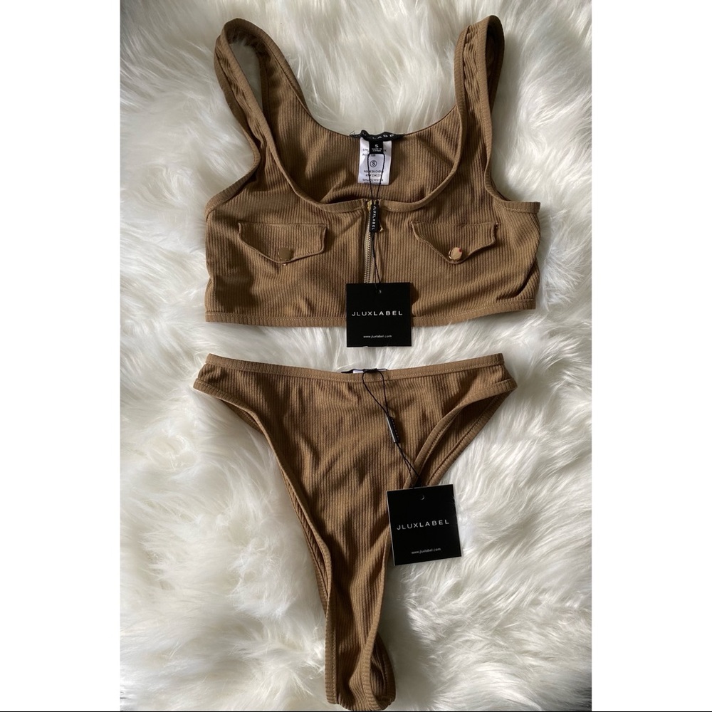 JLUXLABEL Ribbed Brown Two-Piece Bikini Set